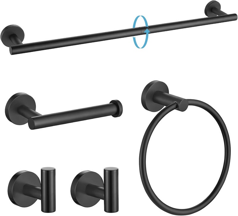 TURS Matte Black Bathroom Hardware Set 5 Piece, SUS304 Stainless Steel Bath Towel Bar Set, 24 Inch Bathroom Accessories Kit Wall Mounted - Image 1